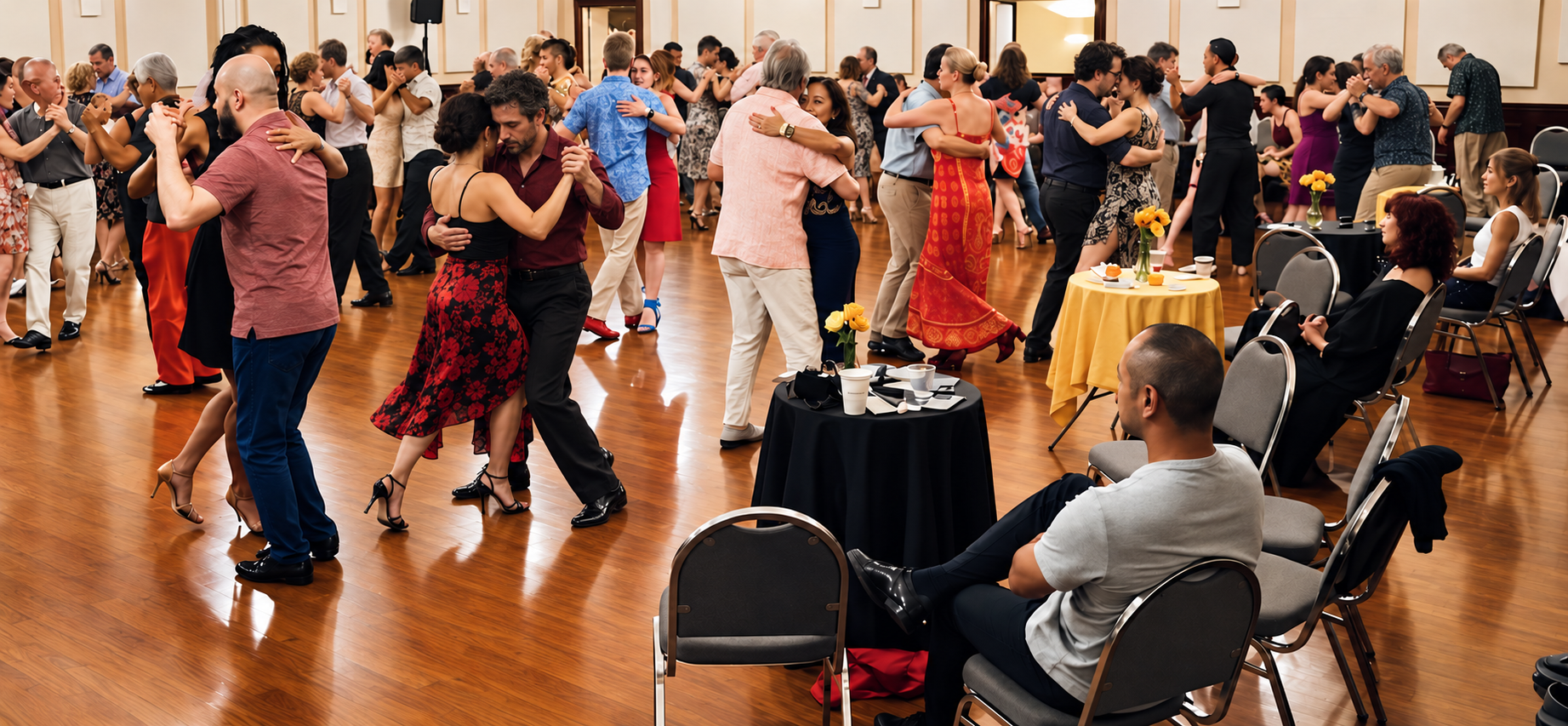 A lively Austin Tango Marathon dance floor and reserved seating